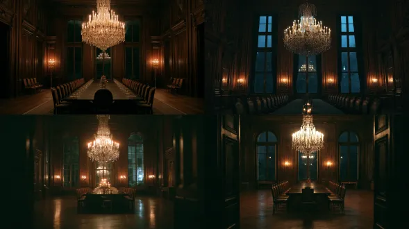 empty luxury mansion banquet hall, long table, crystal chandelier, dark wood panelling, tall windows at night, warm interior light against cool night, cinematic film still, 35mm, shallow depth of field, film grain