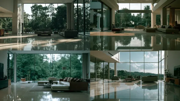 empty luxury modern mansion living room, marble floor, floor to ceiling windows, minimal furniture, cool daylight, desaturated tones, cinematic film still, 35mm, shallow depth of field, film grain