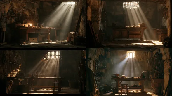 empty underground workshop beneath a chinese princess mansion, stone walls, wooden workbench, iron tools, shafts of daylight from a vent, dust motes, muted warm tones, cinematic film still, 35mm, shallow depth of field, film grain