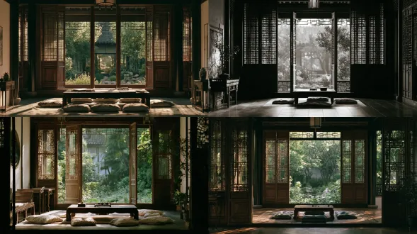 empty chinese mansion flower hall, open lattice doors, garden view, low table, silk cushions, soft daylight, muted warm tones, cinematic film still, 35mm, shallow depth of field, film grain
