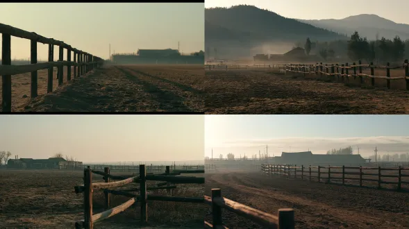 empty chinese horse training ground, packed earth, wooden rail fence, distant stable, hazy daylight, muted tones, cinematic film still, 35mm, shallow depth of field, film grain