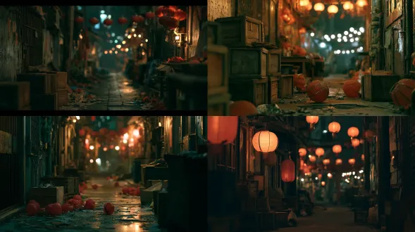 empty back alley behind a chinese festival street at night, discarded paper lanterns, wooden crates, dim light from the street, deep shadows, cinematic film still, 35mm, shallow depth of field, film grain