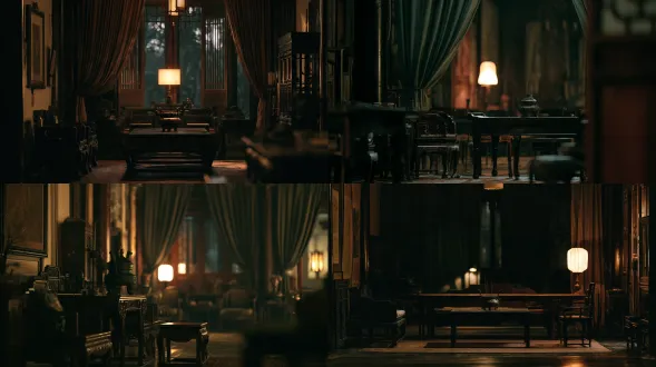 empty private residence of a chinese palace inner official at night, dark carved furniture, bronze incense burner, heavy curtains, single lamp, deep shadows, muted tones, cinematic film still, 35mm, shallow depth of field, film grain