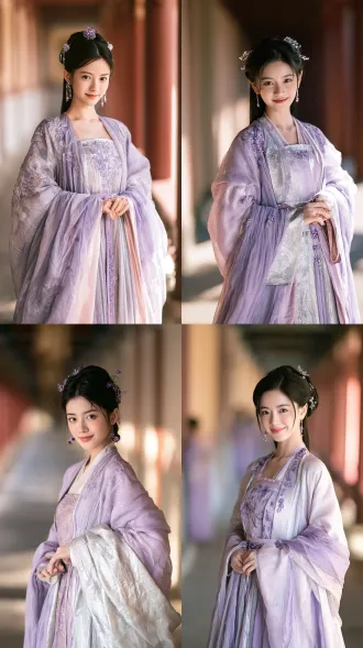 chinese young woman, 18 years old, bright cheerful lively, silver purple color scheme, lavender and silver gauze dress, purple crystal ornaments, silver hairpins, youthful bright smile, looking at camera, palace corridor, soft daylight, period drama still, refined bone structure, flawless luminous skin, 85mm f/2