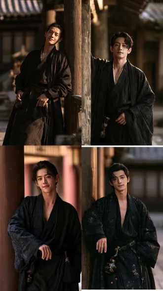 chinese young nobleman, 28 years old, handsome roguish charm, half smile, black brocade robe worn open at collar, wine flask at his waist, leaning against a wooden pillar, looking at camera, playful arrogant gaze, courtyard at dusk, warm rim light, period drama still, refined bone structure, flawless luminous skin, 85mm f/2