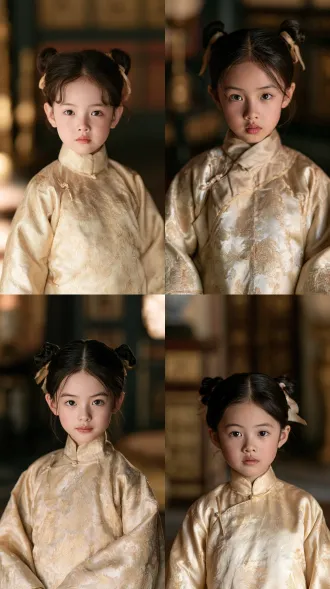 chinese little girl, 7 years old, small child proportions, round cheeks, timid hopeful expression, pale gold silk dress with high collar, two small buns with ribbon, looking at camera, palace interior, soft daylight, period drama still, 85mm f/2
