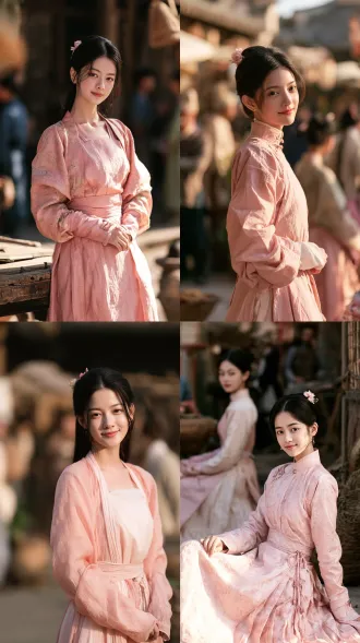 chinese young woman, 22 years old, lively street-smart girl disguised as a maid, lotus pink maid dress, small flower in her hair, clever alert eyes, looking at camera, slight sly smile, no taoist robe, no religious clothing, market courtyard, warm afternoon light, period drama still, refined bone structure, flawless luminous skin, 85mm f/2