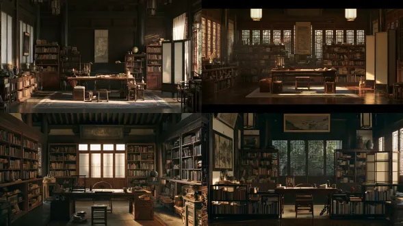 empty traditional chinese scholar study, low wooden bookshelves, writing desk with brush holder and inkstone, folding screen, no tall library shelves, no ladder, warm soft light, cinematic film still, 35mm wide angle, film grain