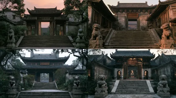 empty chinese mansion main gate viewed frontally from outside, stone lions on both sides, wide stone steps, wooden plaque above the gate, dusk, no snow, cinematic film still, 35mm wide angle, film grain