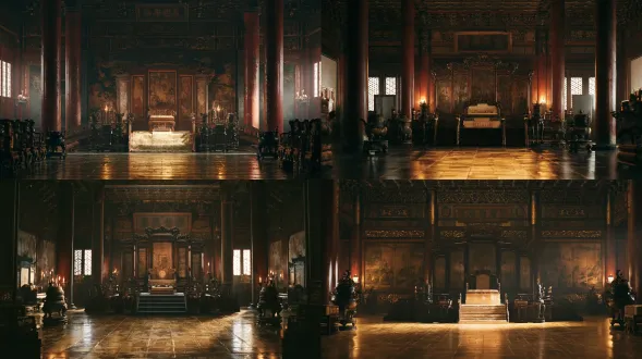 empty chinese empress dowager throne hall, raised platform with an ornate seat, large folding screen behind it, bronze incense burners, golden brick floor, dim warm light, cinematic film still, 35mm wide angle, film grain