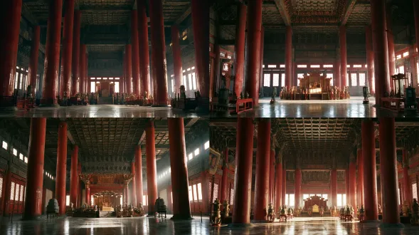 empty chinese imperial audience hall interior, massive red pillars clearly visible, golden throne at the far end, bright daylight from high windows, detailed ceiling structure, cinematic film still, 35mm wide angle, film grain