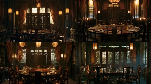 empty private dining room in a chinese restaurant, round wooden table, carved wooden screen, lattice windows, silk curtains, warm lantern light, upscale atmosphere, cinematic film still, 35mm wide angle, film grain