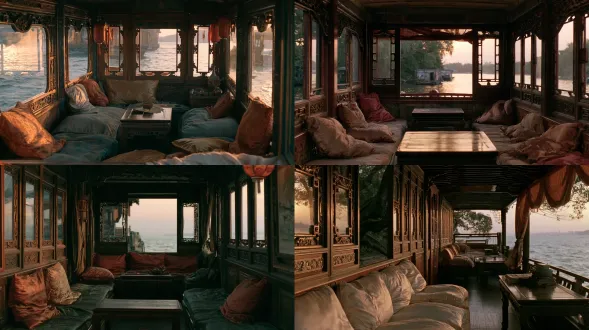 empty chinese painted pleasure boat interior, carved wooden windows, water surface visible outside the windows, silk cushions, low wooden table, dusk light, cinematic film still, 35mm wide angle, film grain