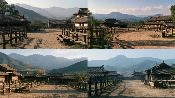 empty ancient chinese horse training ground, wooden post and rail fence in chinese style, packed earth track, tiled roof stable buildings, wooden water trough, distant chinese mountains, daylight, no western ranch, cinematic film still, 35mm wide angle, film grain