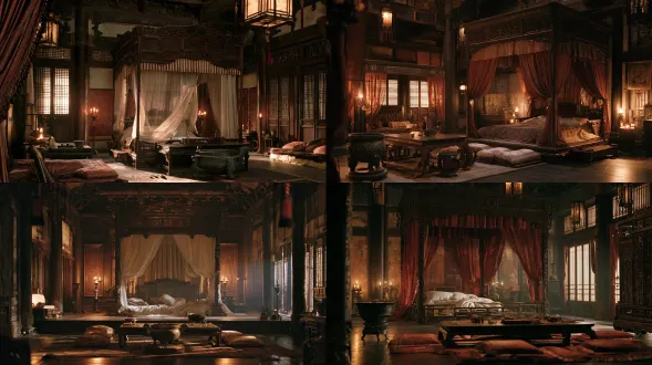 empty ancient chinese warm chamber in a palace, carved wooden canopy bed with silk hangings, low wooden table, bronze brazier, silk cushions, warm candlelight, no modern bed, no bedside lamp, cinematic film still, 35mm wide angle, film grain