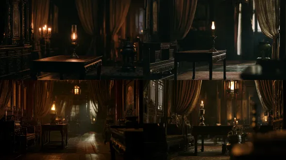 empty private residence of an ancient chinese inner official at night, dark carved wooden furniture, bronze oil lamp on a table, heavy silk curtains, bronze incense burner, deep shadows, no modern lamp, cinematic film still, 35mm wide angle, film grain