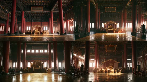empty ancient chinese imperial audience hall interior, golden dragon throne on a raised platform at the far end, massive red pillars, golden brick floor, hanging plaque above, bright daylight from high windows, cinematic film still, 35mm wide angle, film grain