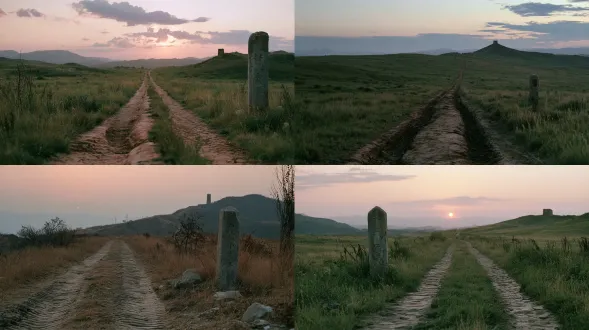 empty ancient chinese official road at dusk, deep cart ruts in the dirt, stone mileage marker on the roadside, low grass, distant hills and a watchtower, no modern road, cinematic film still, 35mm wide angle, film grain