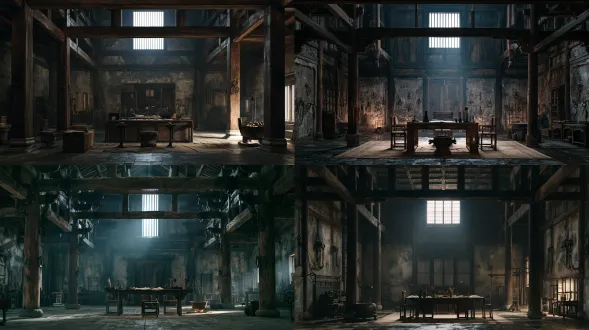 empty ancient chinese judicial hall, heavy wooden beam frame, iron rings fixed on stone walls, official desk with documents and brushes, brazier, cold light from a high window, severe grim atmosphere, no people, cinematic film still, 35mm wide angle, film grain