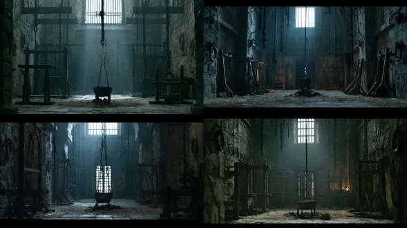 film still from a chinese period drama, empty torture chamber, iron rings in stone walls, wooden racks and hanging chains, bronze brazier of coals, straw on the stone floor, cold light from a high barred window, 35mm