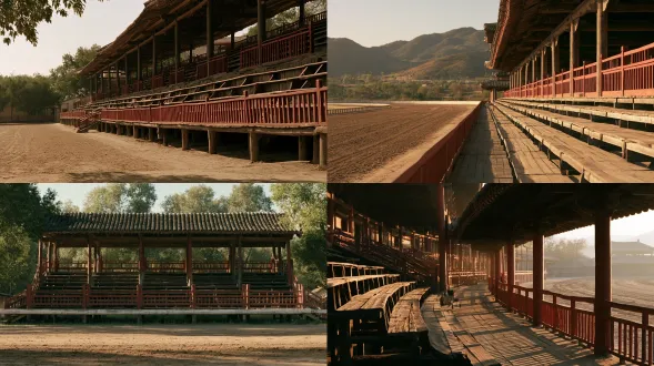 film still from a chinese period drama, empty wooden grandstand facing a dirt racetrack, tiered plank seating, red painted railings, tiled roof on wooden posts, packed earth track, daylight, wide view, 35mm