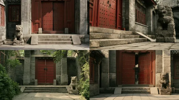 film still from a chinese period drama, empty entrance of a noble city mansion, flat stone threshold, two low steps, thick red studded doors, grey brick walls, one stone lion, level paving, daylight, 35mm