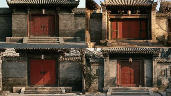 film still from a chinese period drama, empty prince mansion gateway on a city street, two low stone steps, thick red studded doors, grey brick wall, tiled roof with wooden brackets, one hanging lantern, daylight, 35mm