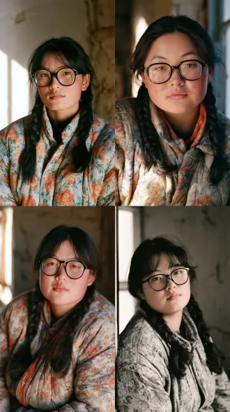 a chinese young woman in her early twenties, naturally pretty sweet face, soft gentle eyes, soft cute round cheeks, sweet shy expression, very obese heavy body, thick neck, heavy double chin, swollen puffy round face, very full cheeks, deeply sun tanned skin, warm tan complexion, thick black plastic framed glasses, dark hair in two neat thick braids, a faded 1990s chinese rural floral padded cotton coat stretched tight over her large figure, medium shot waist up, slight three quarter view, old earthen-walled room, soft directional window light, full color photograph, 35mm film still