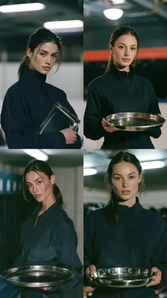 real human subject, strikingly beautiful young european woman, 25 years old, holding a stainless steel medical tray, dark brown hair in a low ponytail, defined cheekbones, clear even skin, natural facial asymmetry, calm composed gaze, plain navy zip jacket, hockey arena locker room at night, cold white overhead light with subtle rim light, three quarter body shot, 85mm lens, kodak portra 400