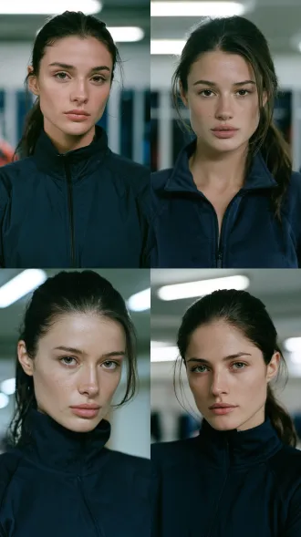 real human subject, strikingly beautiful young european woman, 25 years old, medium close up shot of face and shoulders, dark brown hair in a low ponytail, defined cheekbones, clear even skin, natural facial asymmetry, calm penetrating gaze, plain navy zip jacket, hockey arena locker room at night, cold white overhead light with subtle rim light, 85mm lens, kodak portra 400