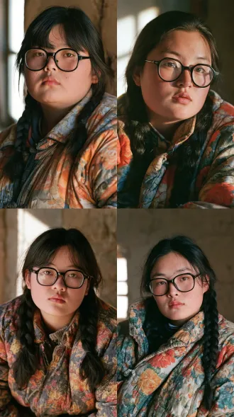 a chinese young woman in her early twenties, pretty chubby face, big bright eyes, delicate nose, soft full lips, double eyelids, refined facial features, sweet lovely expression, very obese heavy body, thick neck, heavy double chin, very full cheeks, sun weathered skin, caramel brown skin tone, deep tan from working in the fields, thick black plastic framed glasses, dark hair in two neat thick braids, a faded 1990s chinese rural floral padded cotton coat stretched tight over her large figure, medium shot waist up, slight three quarter view, old earthen-walled room, soft directional window light, full color photograph, 35mm film still
