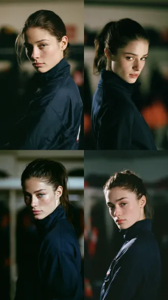 real human subject, young european woman, 25 years old, dark brown hair pulled back tight, plain navy athletic jacket, calm face turned slightly away, eyes lowered, hockey arena locker room at night, single hard side light from the left, deep falloff shadow, 85mm lens, kodak portra 400
