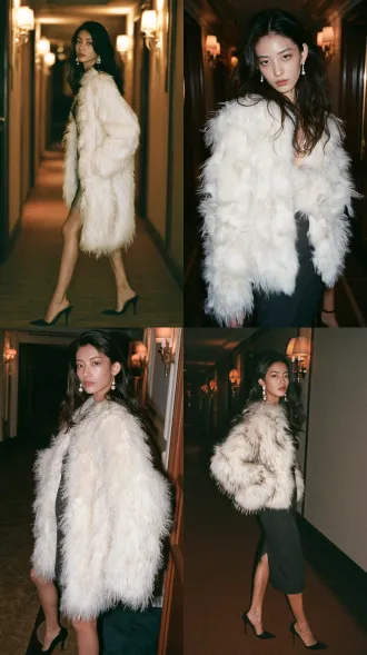 a chinese young woman in her mid twenties, east asian features, cold aristocratic beauty, sharp contemptuous gaze, long loose dark wavy hair, pearl drop earrings, a short white fur coat with fluffy tips over a fitted dark evening dress, black stiletto heels, medium shot three quarter view, hotel corridor with warm wall lamps, full color photograph, 35mm film still