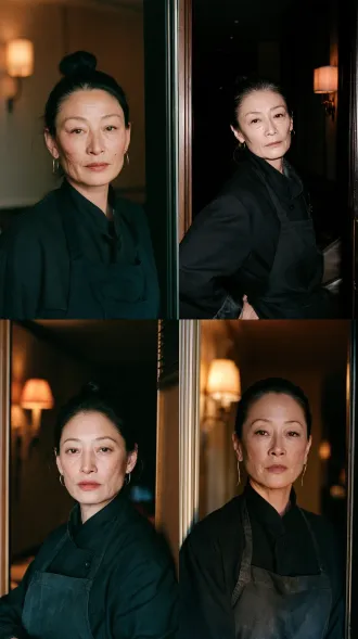 a chinese woman in her late forties, east asian features, weathered calculating face, hair pulled back in a tight bun, thin gold earrings, a dark uniform style coat with an apron, standing in a hotel corridor doorway, warm wall lamp light, medium shot three quarter view, full color photograph, 35mm film still