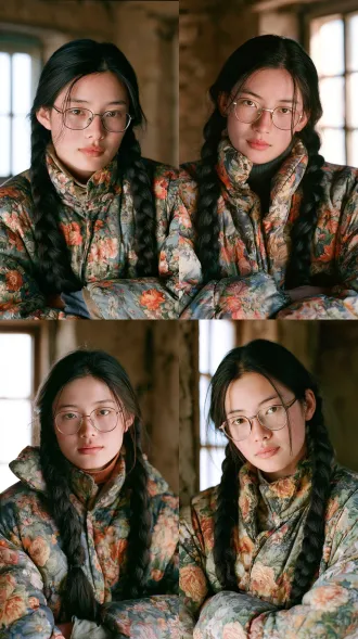 a chinese young woman in her early twenties, east asian features, naturally beautiful, delicate pretty features, clear gentle eyes, soft warm expression, sweet innocent look, clear skin with warm tan, dark hair in two neat thick braids, a faded 1990s chinese rural floral padded cotton coat, medium shot portrait, old earthen-walled room, soft window light, full color photograph, 35mm film still