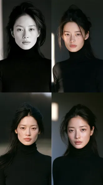 a chinese woman in her late twenties, east asian features, striking cinematic beauty, clear expressive eyes with a calm knowing gaze, refined facial structure, natural skin texture, minimal makeup, long dark hair loosely swept back, a simple black turtleneck, three quarter view, soft directional window light from the left, dark muted background, 35mm film still, real human, natural color photograph