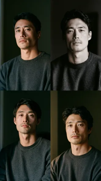 a chinese man in his mid thirties, east asian features, quietly magnetic presence, lean build, refined intellectual look, calm steady gaze, subtle stubble, natural skin texture, short dark hair, a simple dark grey crew neck sweater, three quarter view, soft directional window light from the left, dark muted background, 35mm film still, real human, natural color photograph