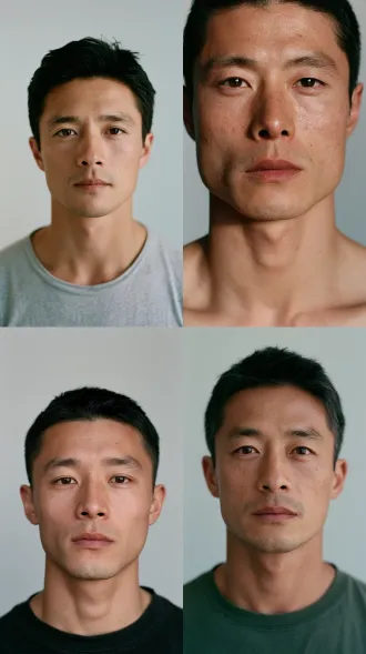 front facing portrait, a chinese man in his mid thirties, east asian features, even soft daylight lighting his whole face, clearly visible facial features, level calm eyes, straight nose, thin firm lips, lean angular jawline, natural skin texture, short dark hair, plain light grey background, 35mm film photograph, real human