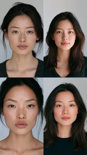 front facing portrait, a chinese woman in her late twenties, east asian features, even soft daylight lighting her whole face, clearly visible facial features, calm steady gaze, straight nose, soft full lips, gentle high cheekbones, soft rounded jawline, natural skin texture, fresh clean face, plain light grey background, 35mm film photograph, real human