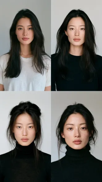 a beautiful chinese woman in her late twenties, elegant refined features, clear bright eyes, natural skin texture, front facing portrait, soft even daylight, plain light grey background, solo portrait, 35mm film photograph, real human
