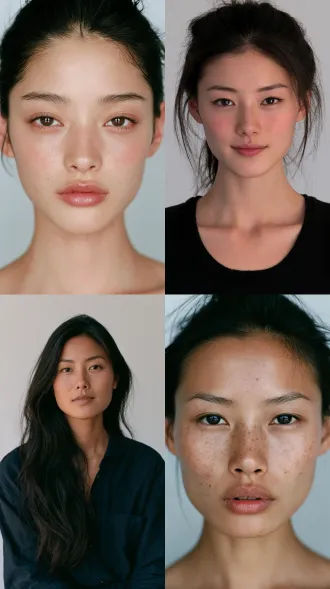 a beautiful chinese woman in her late twenties, elegant refined features, clear bright eyes, natural skin texture, front facing portrait, soft even daylight, plain light grey background, simple backdrop, 35mm film photograph, real human