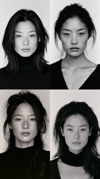 a beautiful chinese woman in her late twenties working in a small town photo studio, 1998, elegant refined features, clear bright eyes, natural skin texture, front facing portrait, soft even daylight, plain light grey background, 35mm film photograph, real human