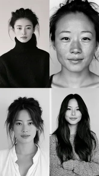 a beautiful chinese woman in her late twenties working in a small town photo studio, 1998, elegant refined features, clear bright eyes, natural skin texture, front facing portrait, soft even daylight, plain light grey background, film grain, 35mm film photograph, real human