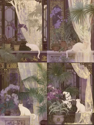 国展构图，中式窗景，古建窗棂，兰花棕榈盆栽，鎏金纱帘，窗台白猫灵动嗅花，紫金墨棕低饱和色，金箔线条，宣纸肌理，细腻分染，虚实相生，静谧雅致，工笔花鸟
