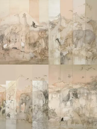 当代国展工笔动物画，多屏竖向分割构图，淡彩宣纸肌理，浅米灰淡赭色调，长颈鹿大象鹤羊鹿飞鸟错落，姿态重组前后遮挡，山石林木水纹隐现，细腻分染，虚实相生，素雅大气，层次丰富