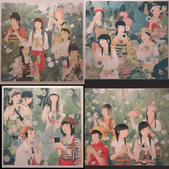 焦洋作品《绿色家园》，当代工笔重彩，竖幅，绢本设色，大面积茂密芭蕉叶与热带绿植背景，扁平化装饰画风，平面化构图，四位年轻少女置身雨林，女孩们分别拿着相机拍照、举杯子、吹奏乐器，粉色火烈鸟玩偶、卡通小青蛙点缀画面，画面漂浮多个圆形透明气泡，气泡内是城市建筑小插图，清新柔和的低饱和绿色调，线条干净，装饰性强，现代青年题材工笔画，8k，高清，完整画面
