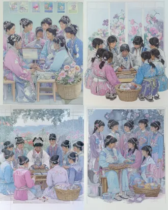 chinese meticulous gongbi figure painting, group portrait of miao ethnic women of different generations, elderly miao granny sitting on small wooden stool operating traditional waist loom to weave brocade, 7 young miao women gathering around to watch and learn traditional embroidery craft, all wearing exquisite miao ethnic clothing embroidered with colorful flower and bird patterns, wearing big silver neck rings, silver ornaments and traditional ethnic headwraps, background is minimalist wall composed of stitched gray color blocks in different shades, a bamboo basket of hand embroidered miao cloth shoes placed on the lower right of ground, soft peaceful folk atmosphere, low saturation elegant color palette, main color tone is ash, black, off-white, mist blue, only embroidery part has subtle purple, pink, orange accent, fine smooth ink outline, xuan paper texture, contemporary chinese realistic heavy color gongbi art