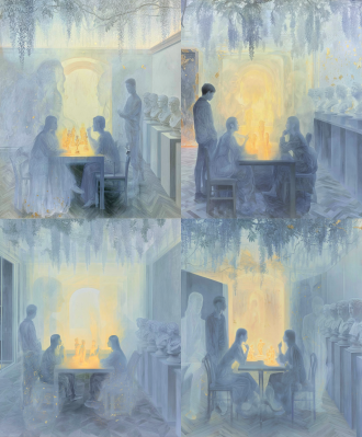 new chinese meticulous gongbi painting, ethereal translucent art gallery interior, 3 young modern people, two girls sitting face to face chatting, one man standing at the side, hazy semi-transparent character texture, muted pale blue-gray dominant color, soft warm pale yellow backlight seeping through distant arch, wisteria vines hanging down from top, tiny classical sculpture figurines on the table glowing warm yellow, rows of plaster classical busts displayed on the right, herringbone wood floor, low contrast, soft blurred edges, delicate mineral pigment on rice paper, subtle scattered gold foil flecks, dreamy surreal overlapping ghosting effect, quiet elegant oriental atmosphere, no sharp hard outlines