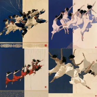 国展工笔重彩中国画，少数民族少女群像，现代民族舞蹈，多人物腾空舒展跳跃动态，流畅长线条铁线描，造型严谨，装饰性平面化色块，左右分块构图，一侧深靛蓝色块，一侧浅米黄宣纸底色，淡金线装饰，底部细碎传统纹样，低饱和雅致色调，画面干净克制，青春昂扬主题，宣纸质感，角落钤红色篆刻印章，大尺寸参展作品，无强烈光影，平面装饰画风