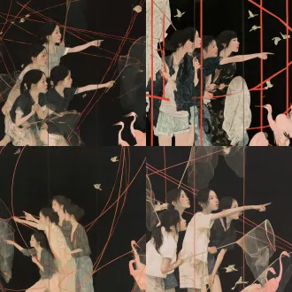 国展绢本工笔人物三联构图，深黑底色，四位休闲穿搭年轻女孩，持捕虫网，相互依偎，抬手指远，半透红细框穿插，淡色小鸟粉色苍鹭点缀，细腻工笔线条，淡彩分染，低饱和柔色，平面装饰感，绢本质感，含蓄静谧梦幻，写实造型，全国美展国画风格